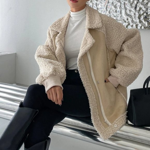 khaki "It coat" zip up faux suede teddy coat contemporary minimalist luxury - Picture 4 of 8